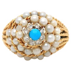 Vintage Beaded Pearl, Diamond and Turquoise Swirl Ring in 18K Yellow Gold