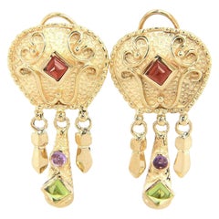 Garnet, Amethyst and Peridot Etruscan Dangle Earrings in 14K Yellow Gold