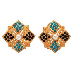 Beaded Onyx, Turquoise and Pearl Tiled Square Earrings in 20K Yellow Gold