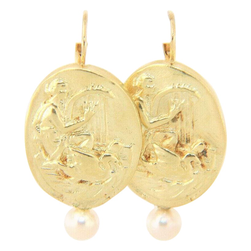 Harp and Dove Cameo Pearl Earrings in 14K Yellow Gold For Sale