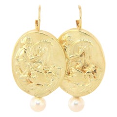 Harp and Dove Cameo Pearl Earrings in 14K Yellow Gold