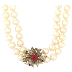 Cultured Pearl Double Strand Diamond and Ruby Clasp Necklace in 14K