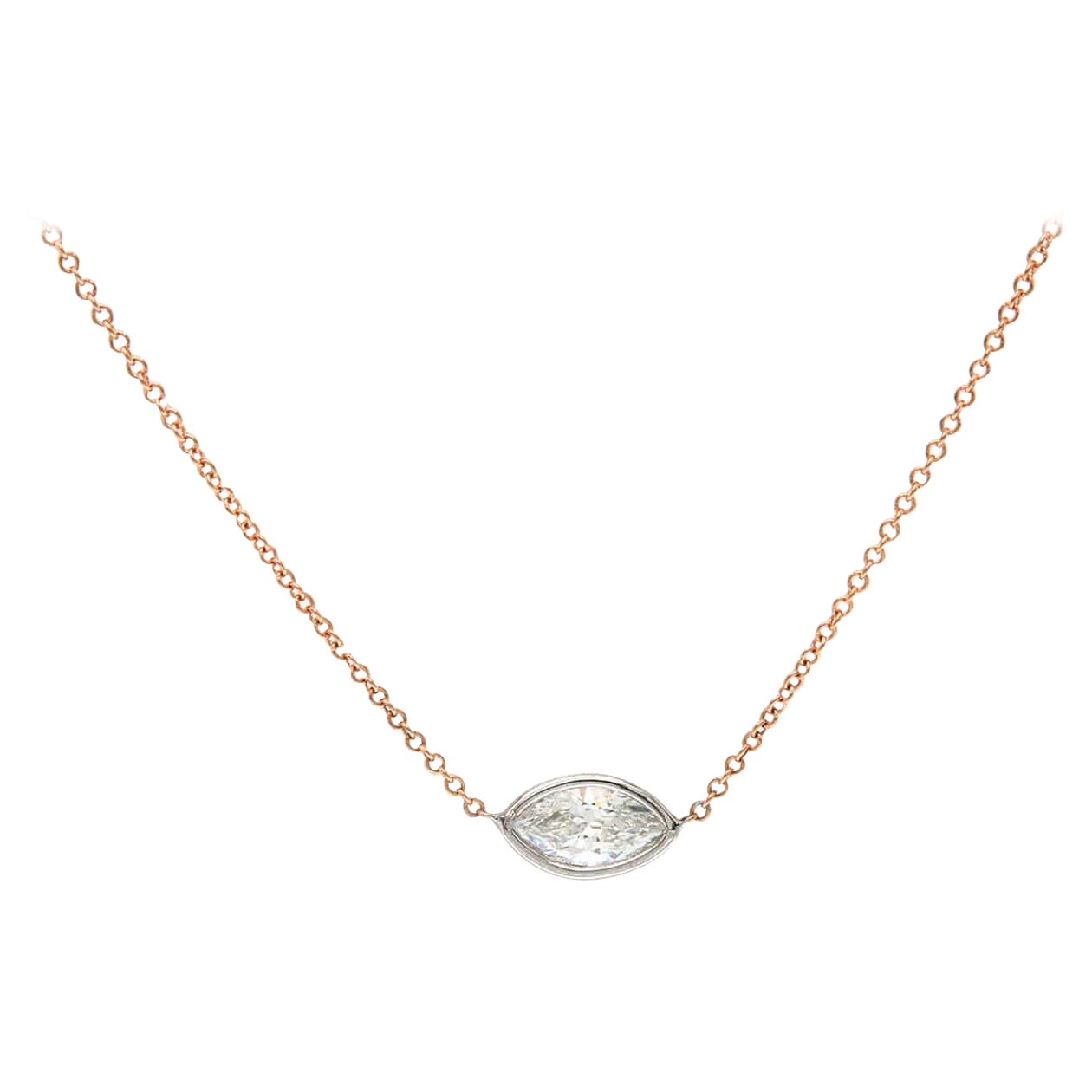 0.58ct Sideways Marquise Diamond Bezel Set Solitaire Pendant Necklace in 14K For Sale