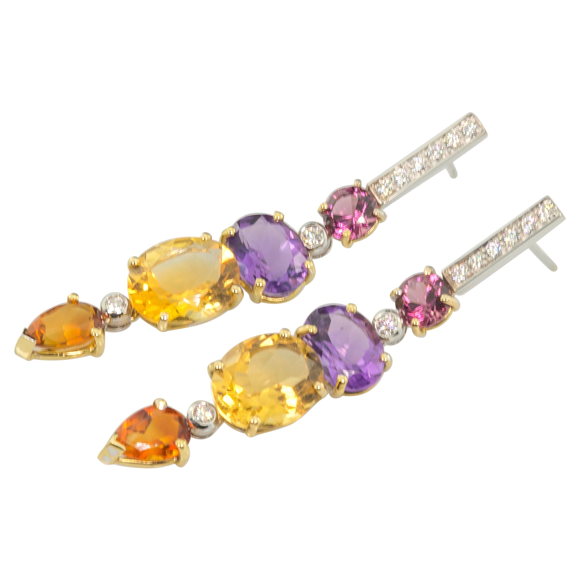 Boucles d'oreilles soleil style Art déco en or 18 carats avec diamants 0,44 carat, rubellite et citrine 