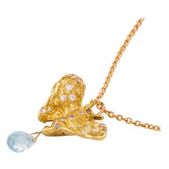 Butterfly Aquamarine 18 Karat Yellow Gold 0.80 Carat White Diamond Necklace