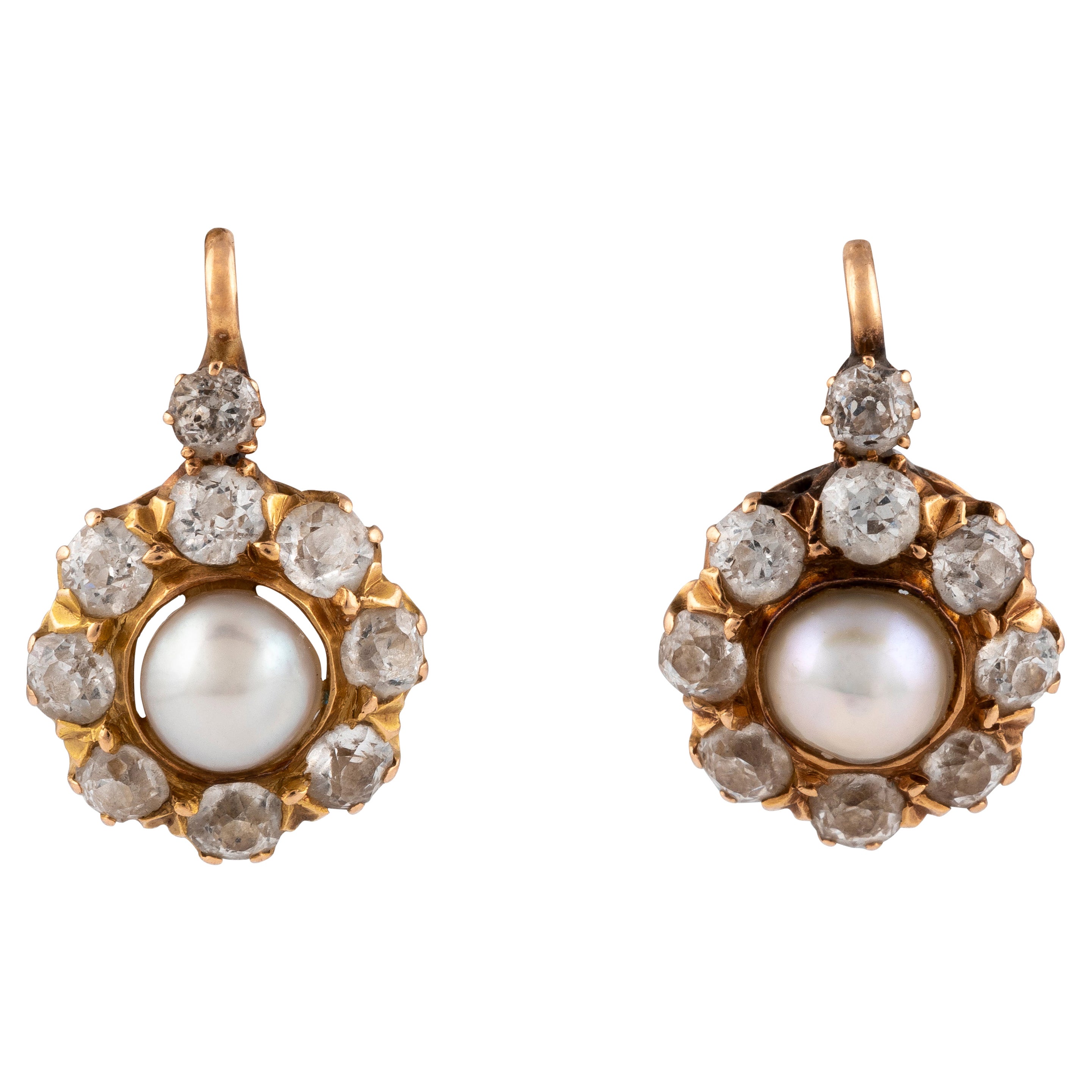 Napoleon III Pair of Ear Studs with Natural Pearl and Old Diamond