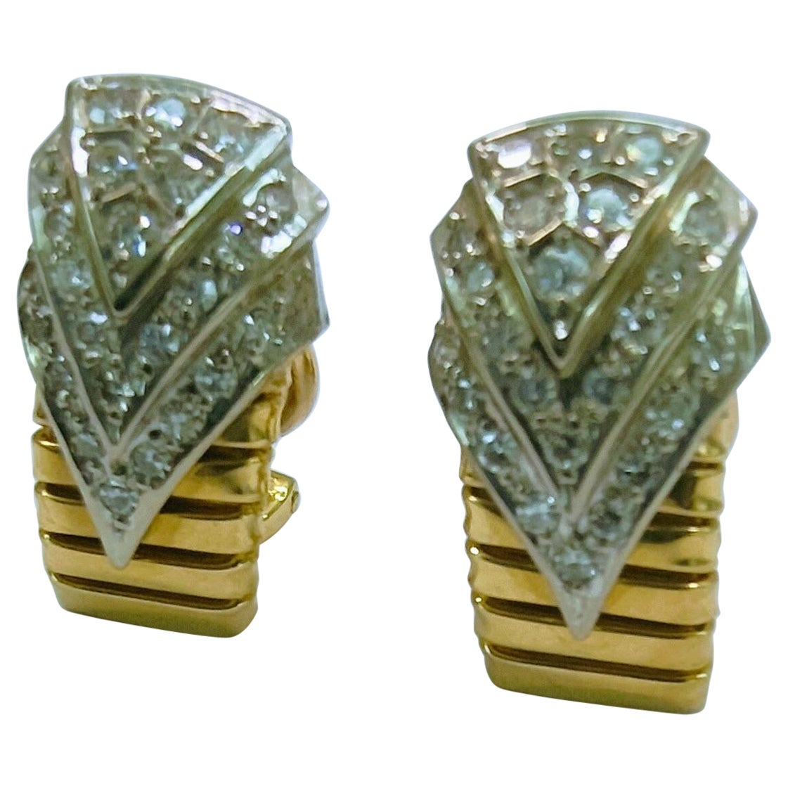 Tubogas Earrings Circa 1940s Omega Back Yellow & White Gold 18 Karat Diamonds For Sale 3