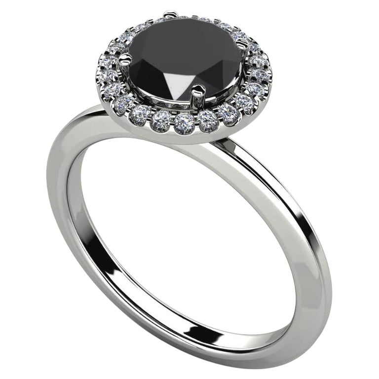 1 Carat Round Black Diamond Halo Cocktail Ring in 14K White Gold For Sale