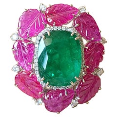 9.31 Carats Zambian Emerald & Carved, 16.73 Carats Mozambique Ruby Cocktail Ring