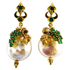 Retro Art Deco Style 1.00 Carat Emerald Pearl Yellow Gold Dangle Stud Earrings