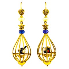 Art Nouveau White Diamond Pearl Opal Tanzanite Yellow Gold Birdcage Earrings