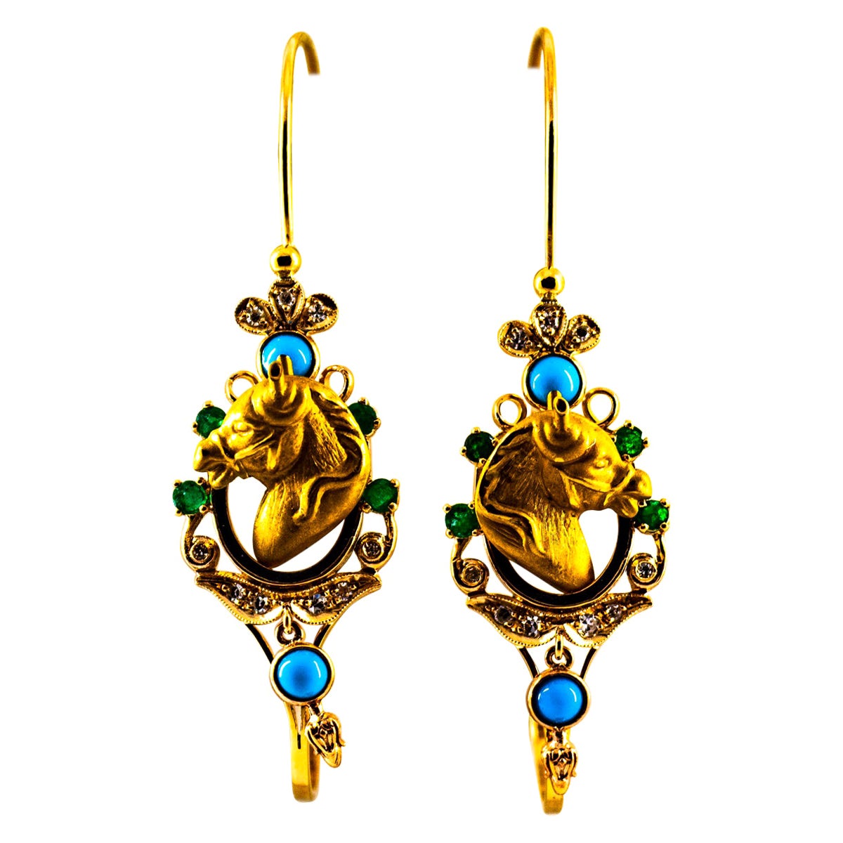 Art Nouveau White Diamond Emerald Turquoise Yellow Gold Drop "Horses" Earrings For Sale