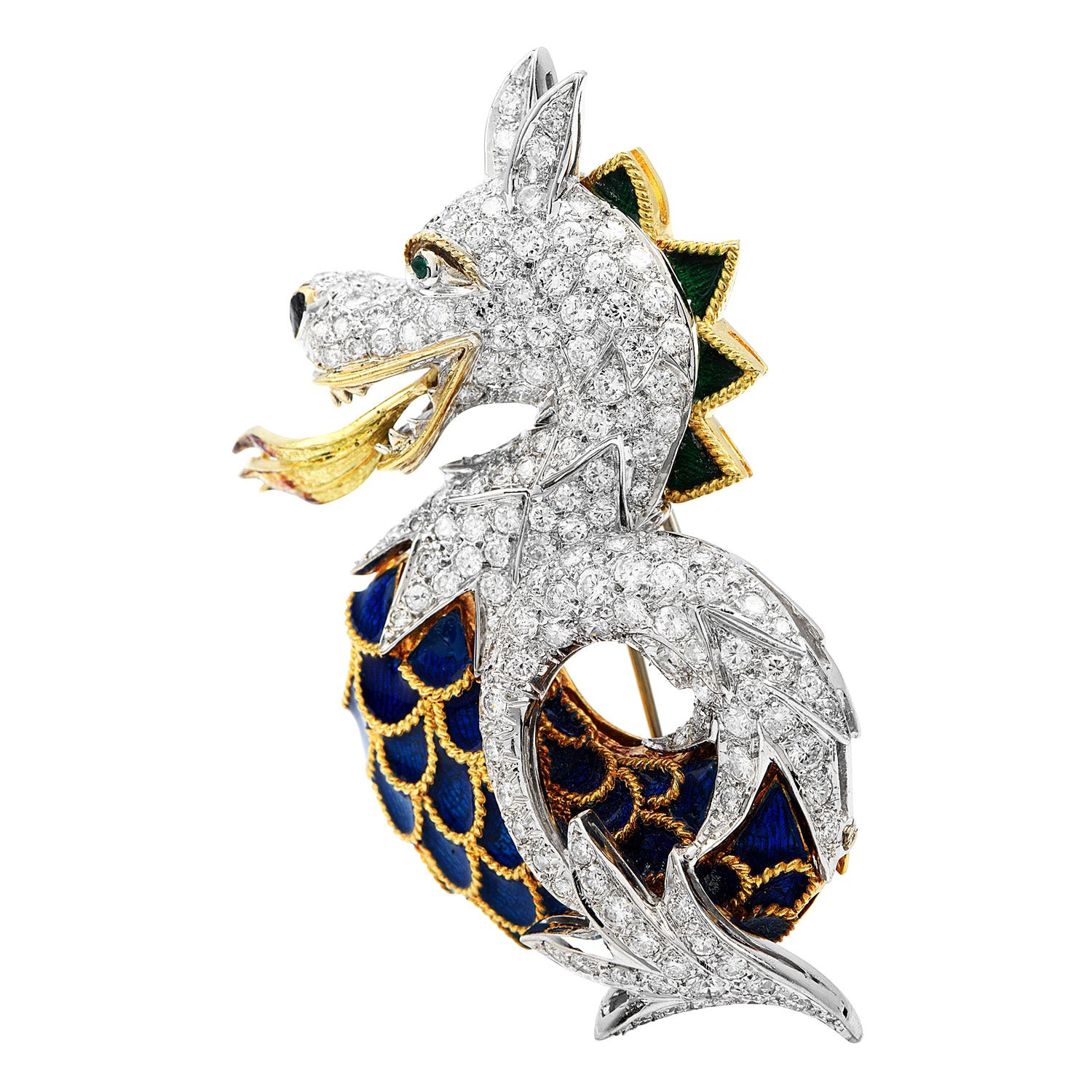 Vintage 12.24cts Dragon Diamond Enamel 18K Gold Animal Pin Brooch