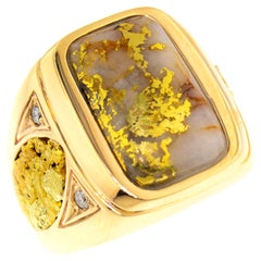 Natural Gold in Quartz and Gold Nugget and Diamond 14 Karat Gold Men’s Ring