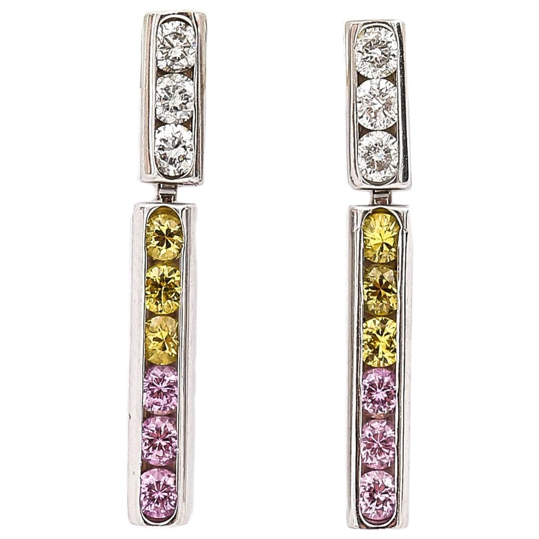 18ct White Gold Diamond and Multi Coloured Sapphire Drop Earrings
