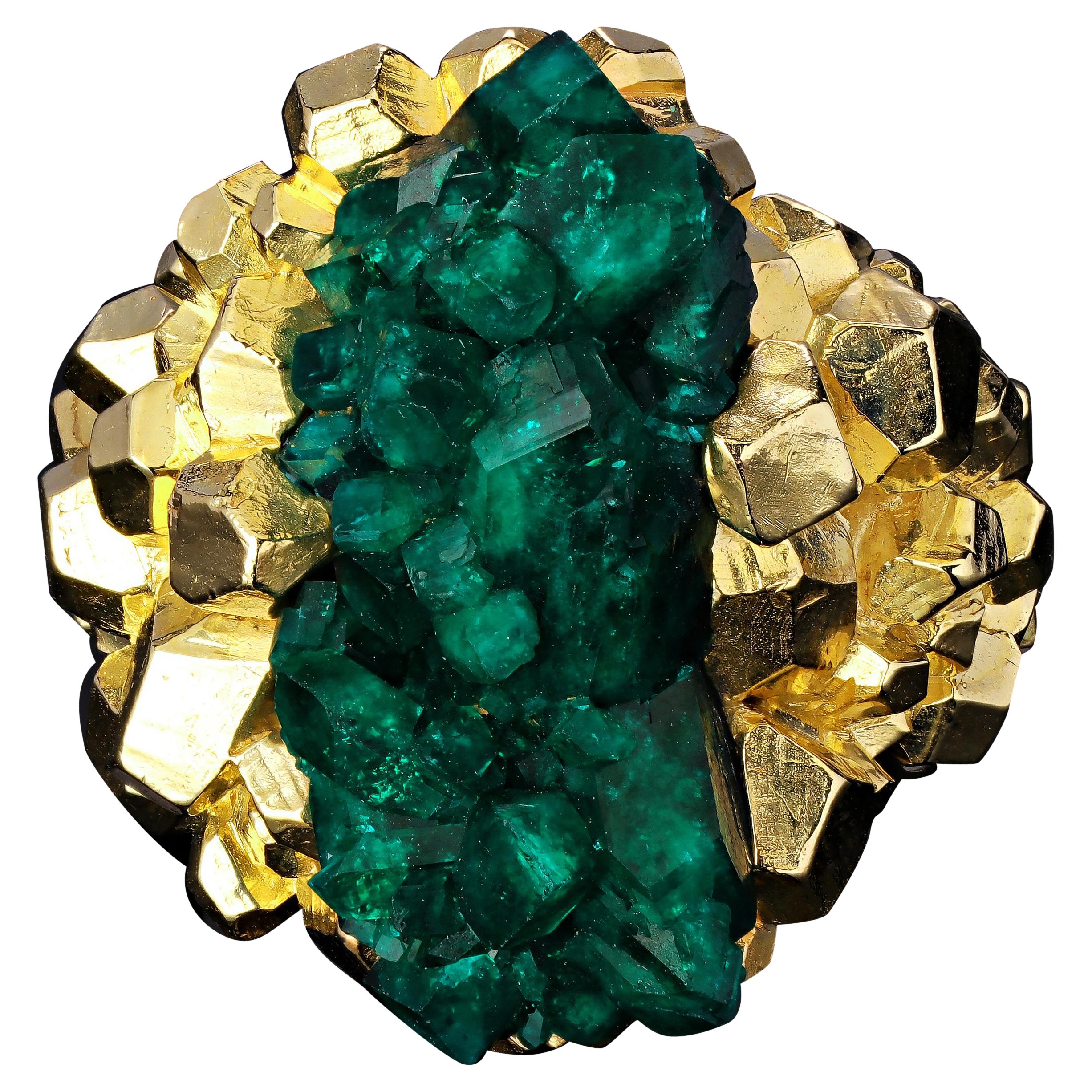Dioptase Gold Ring Crystal Chunky St Valentine's Gift Art Nouveau Style Unisex