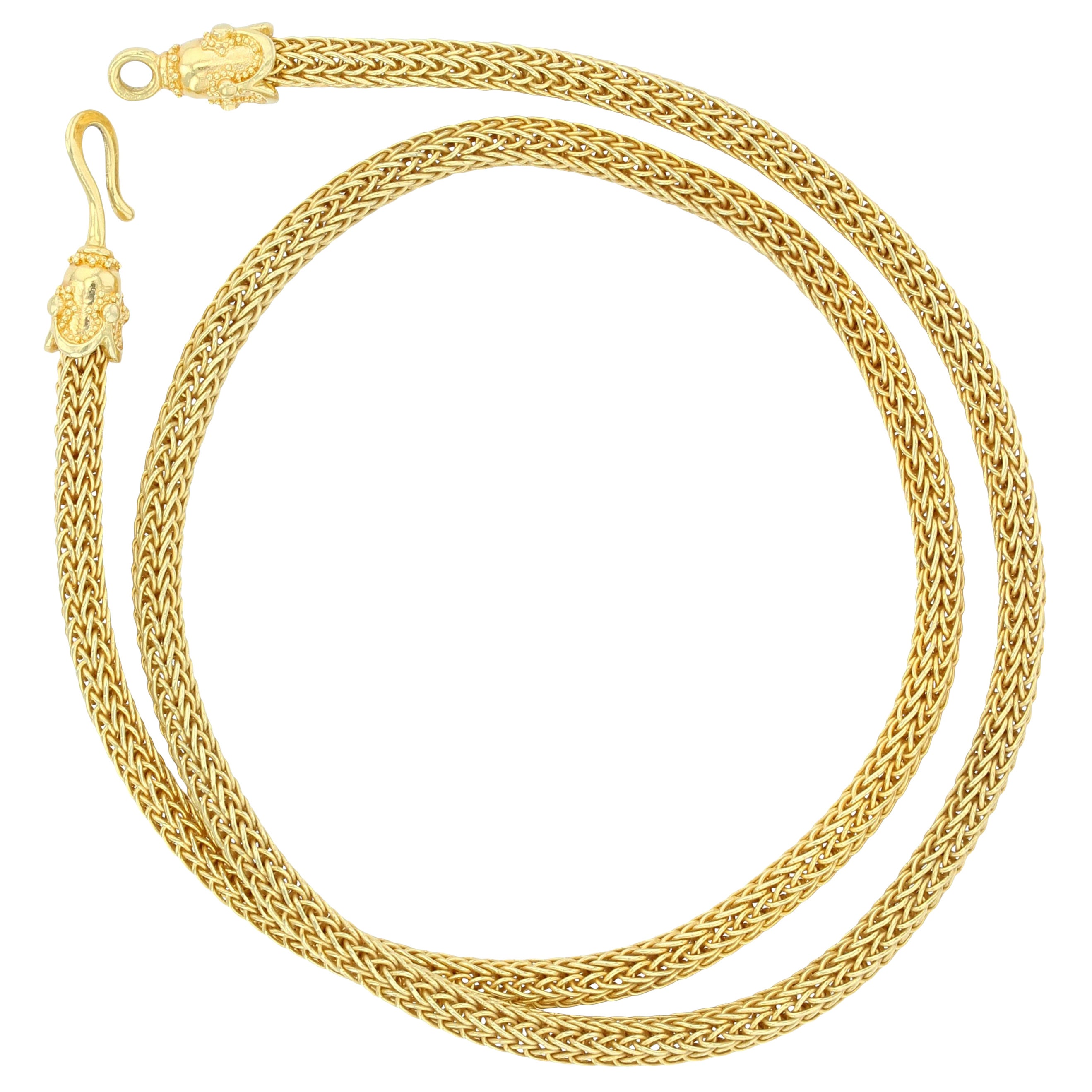 Kent Raible 18 Karat Gold Hand Woven Chain, Shepherd's Hook Clasp, Granulation