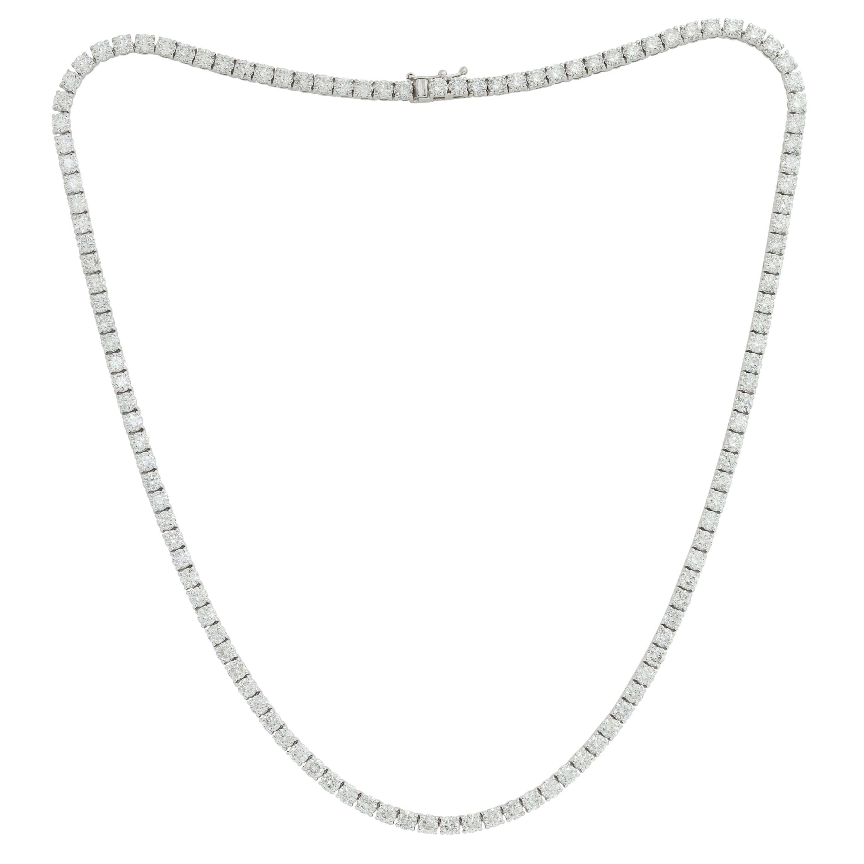14K White Gold Diamond Straight Line Tennis Necklace, 11.35 Carats 