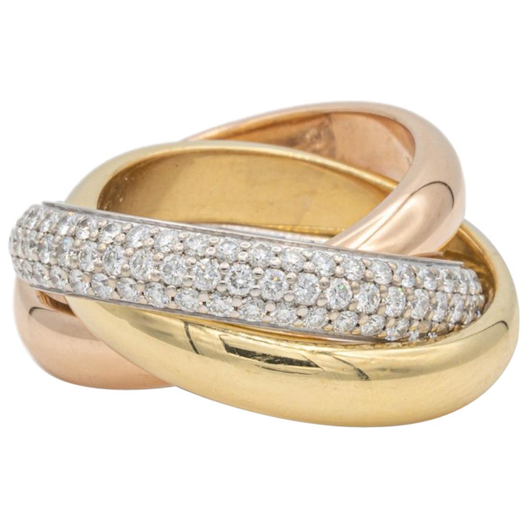 Cartier Bague classique Trinity Pave Rolling Diamond Ring 18K blanc jaune  et rose sur 1stDibs