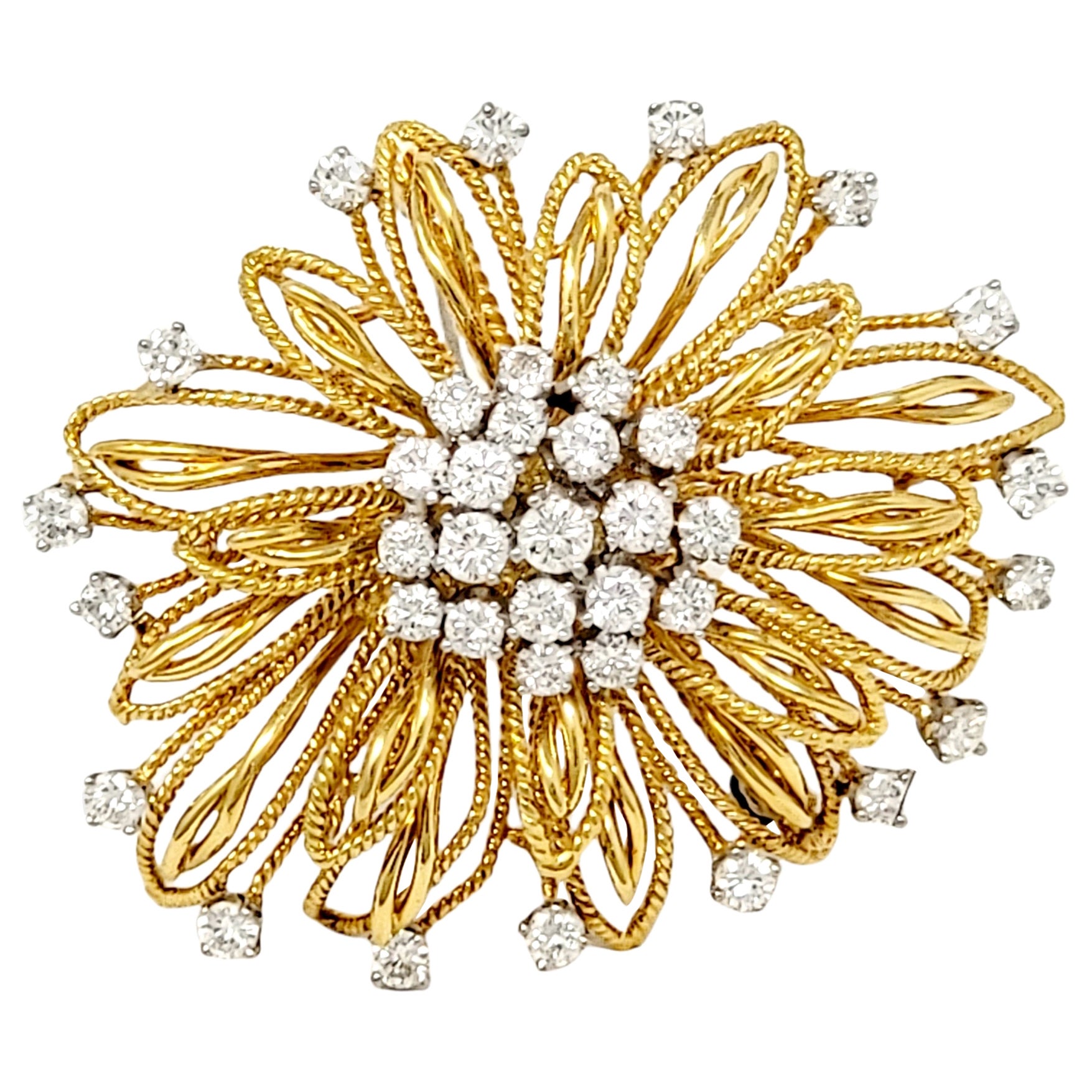 Diamond Floral Motif Brooch 18 Karat Yellow Gold and Platinum 3.02 Carats Total For Sale