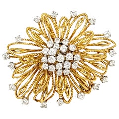 Vintage Diamond Floral Motif Brooch 18 Karat Yellow Gold and Platinum 3.02 Carats Total