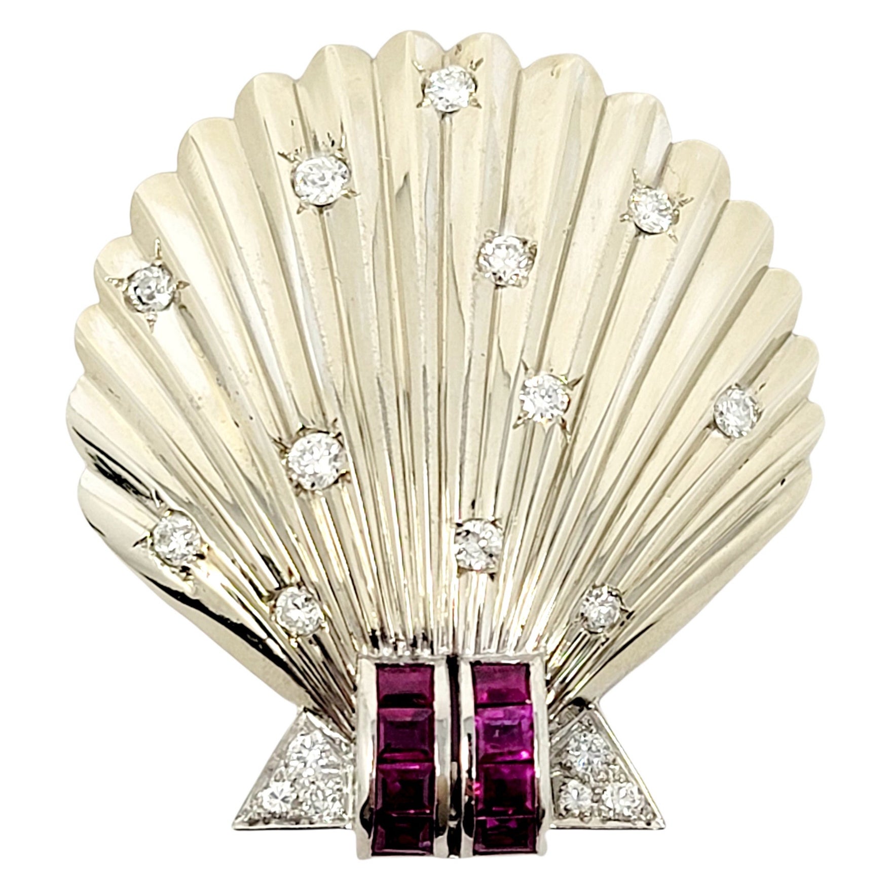 Pink Sapphire and Diamond Sea Shell Scallop Brooch in 14 Karat White Gold