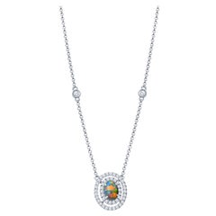 .40ctw Australian Opal with .33ctw Diamond Double Halo Pendant, 18k White Gold