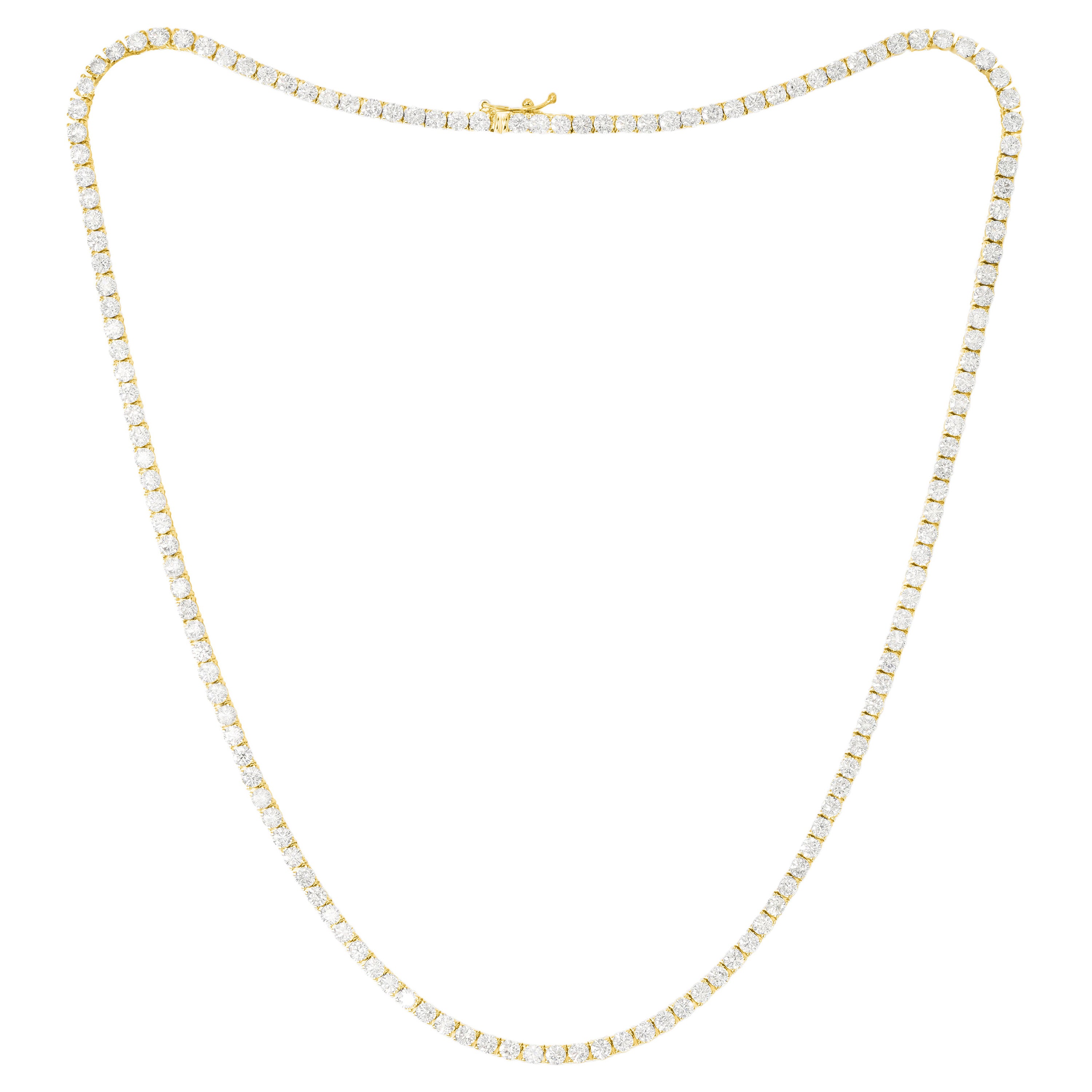 14K Yellow Gold Diamond Straight Line Tennis Necklace, 12.25 Carats For Sale