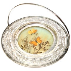 Sterling Silver, Glass Pressed Butterfly & Flower Plate with Reticulated Handle