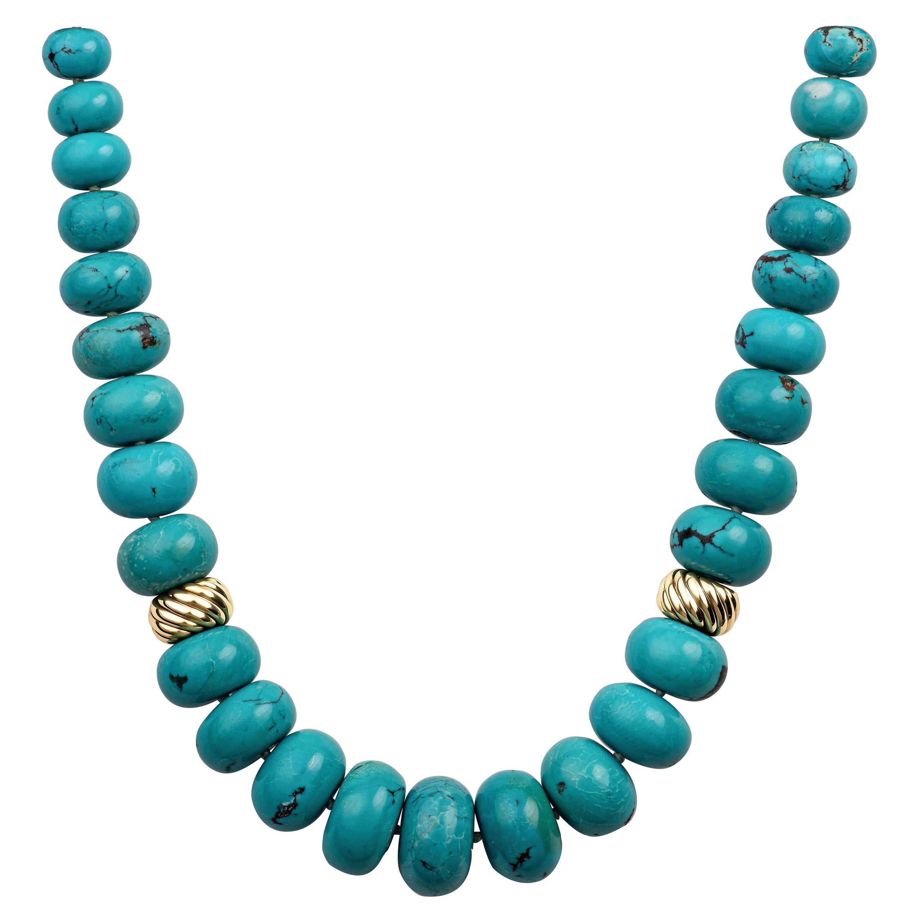 David Yurman Turquoise Bead Necklace with 18 Karat Yellow Gold