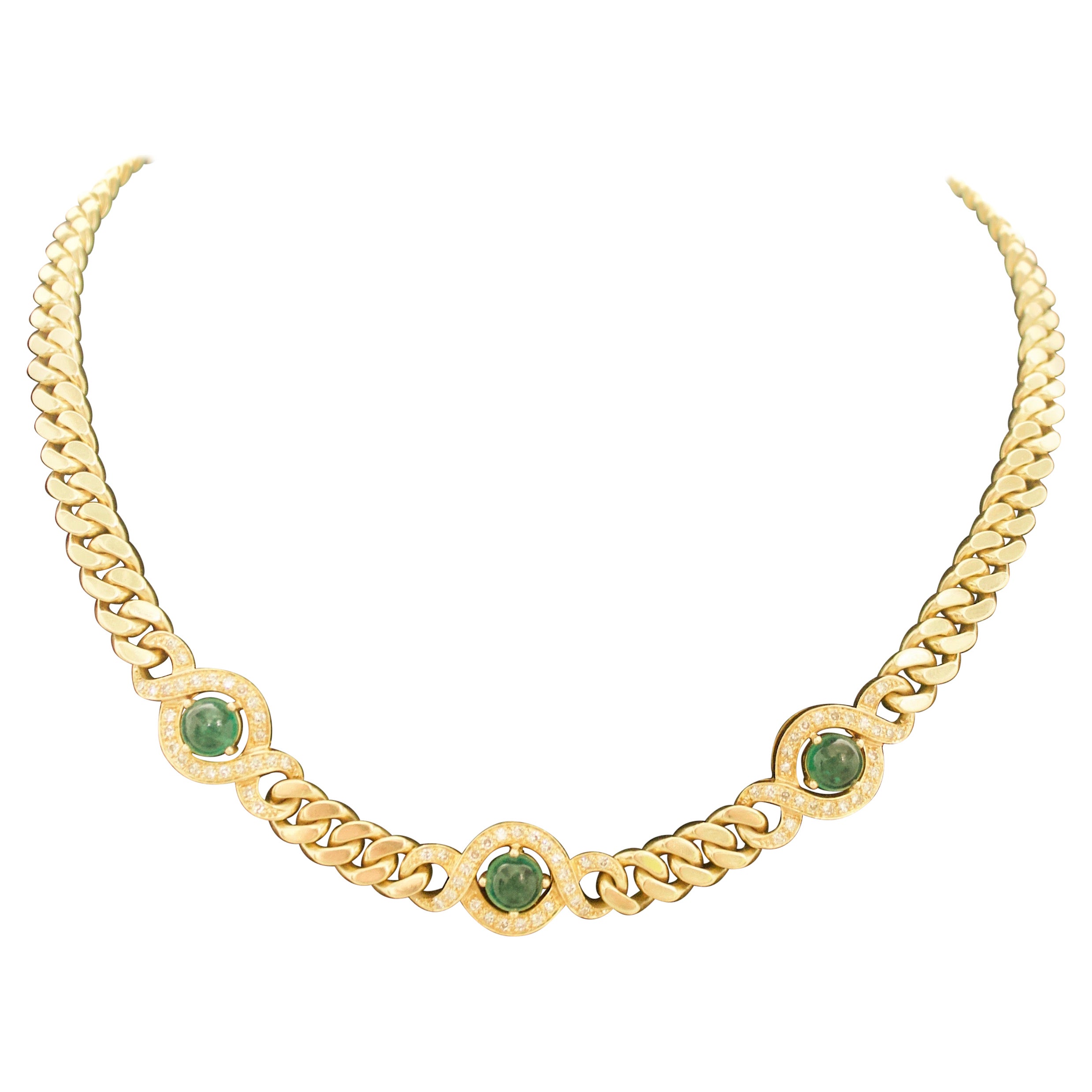 Emerald and Diamond Vintage "Cuban Link" Necklace in 18k Yellow Gold