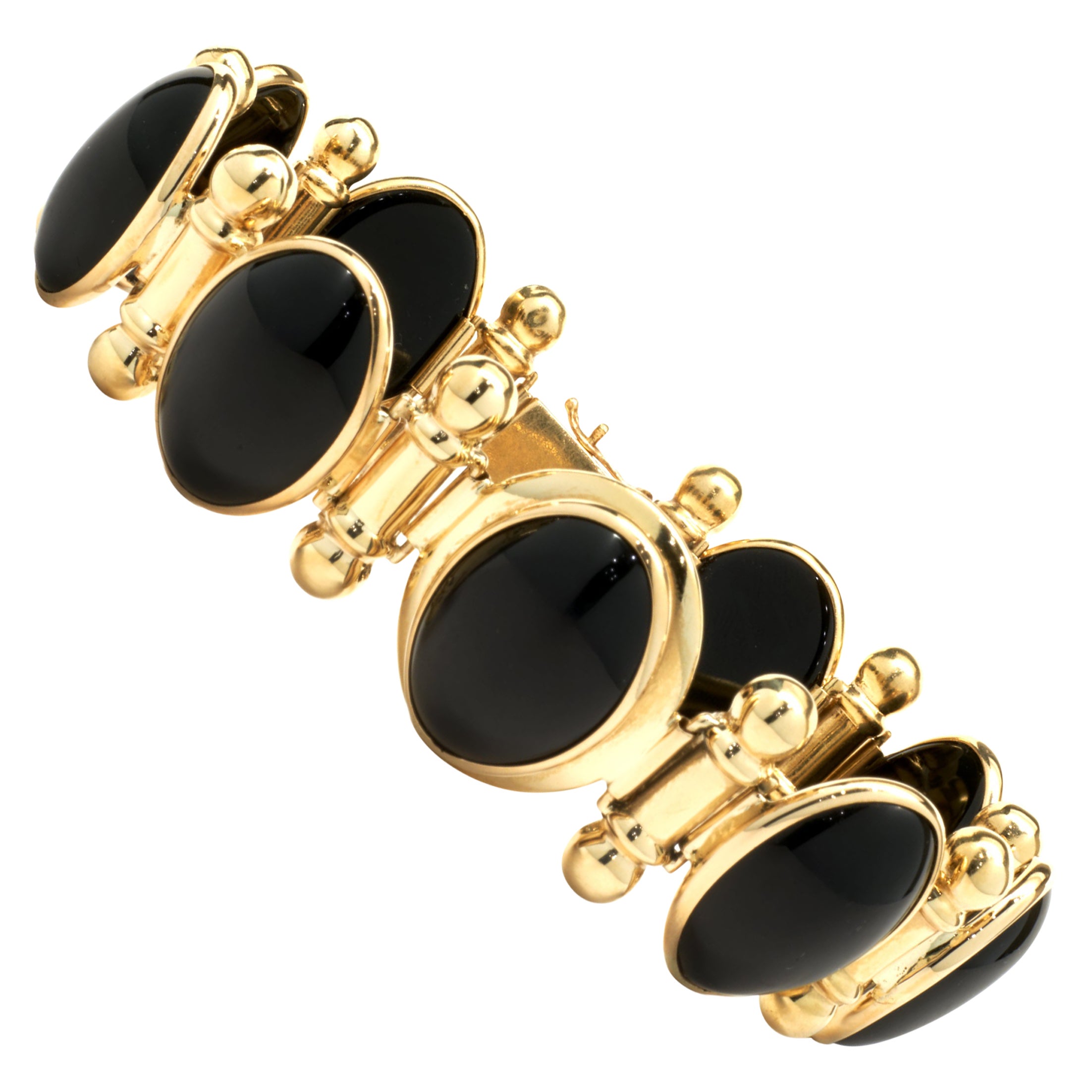14K Yellow Gold Scarab Bracelet With Black Oval Shape Onyx 8 Inches