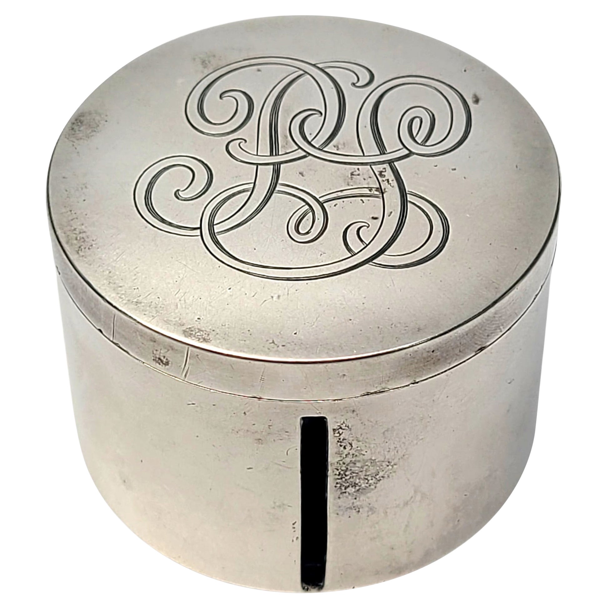 Currier and Roby Sterling Silver Round Stamp Dispenser Box with Monogram For Sale
