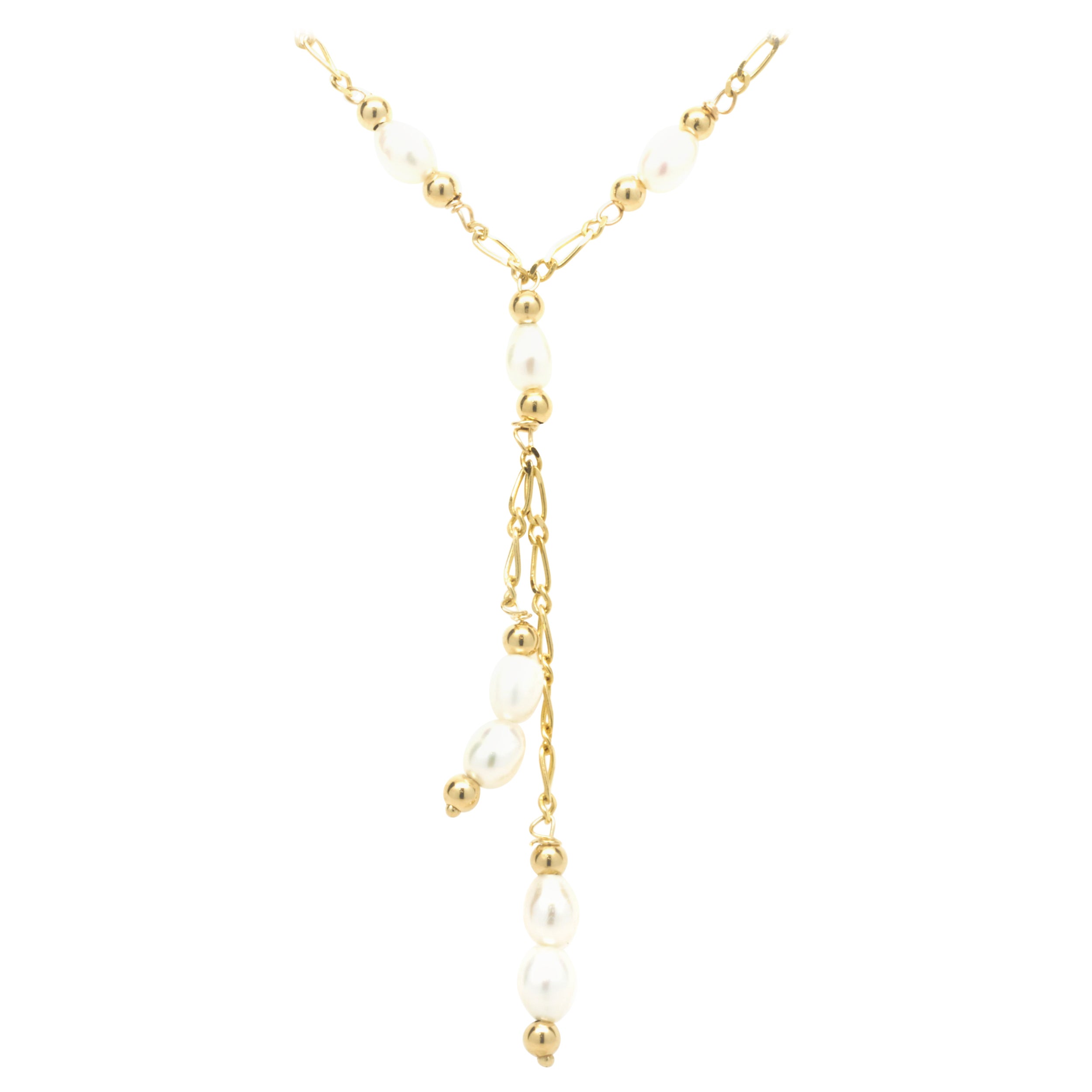 14 Karat Yellow Gold Pearl by The Yard Lariat Necklace For Sale