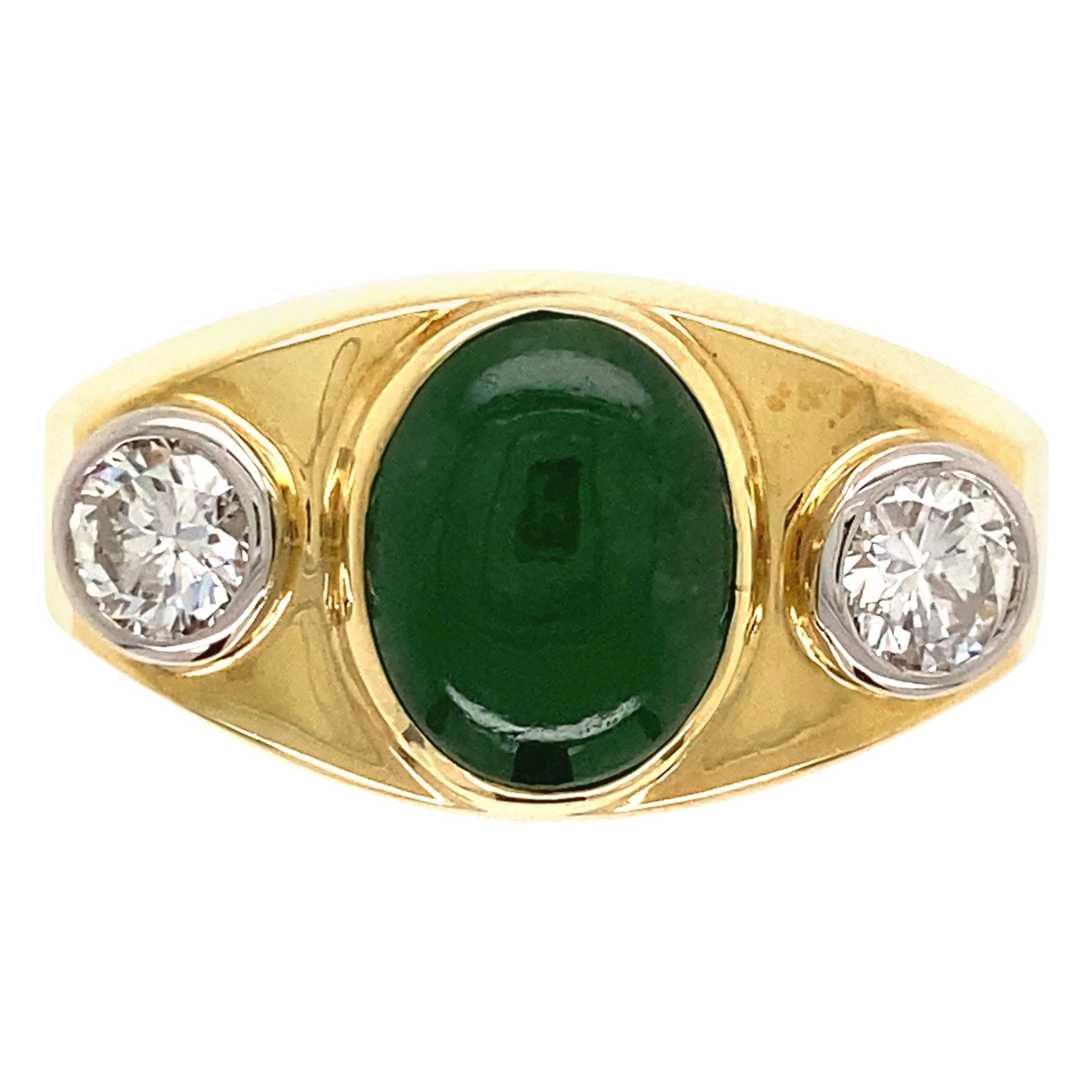 Fine Men's Jade and Diamond 3-Stone Gold Signet Ring Estate Fine Jewelry en vente