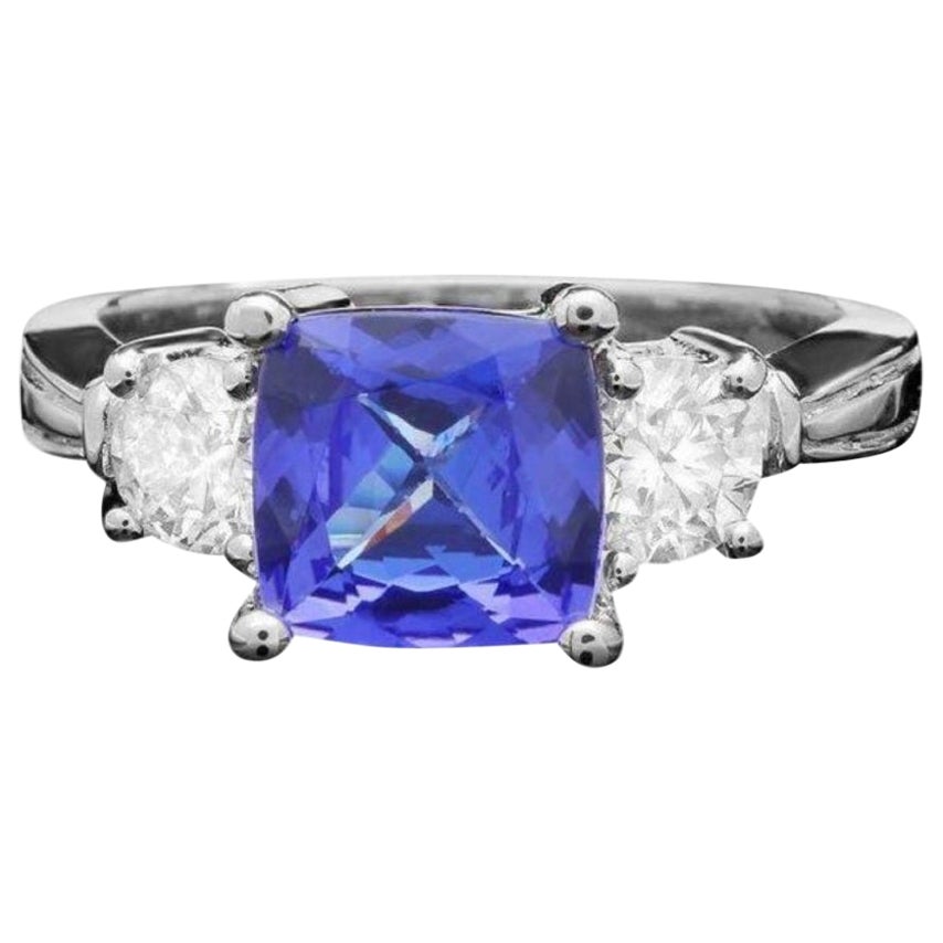 2.60 Carats Natural Tanzanite and Diamond 14K Solid White Gold Ring