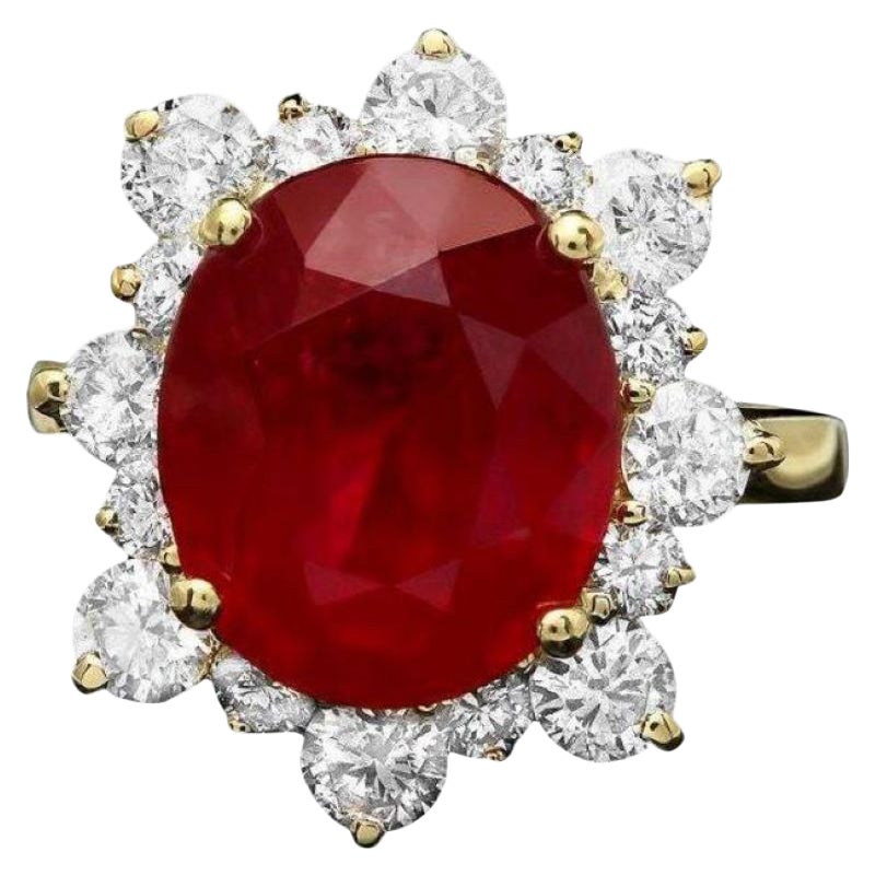 14 Karat massiver Gelbgold-Ring mit 8,40 Karat natürlichem roten Rubin und Diamant