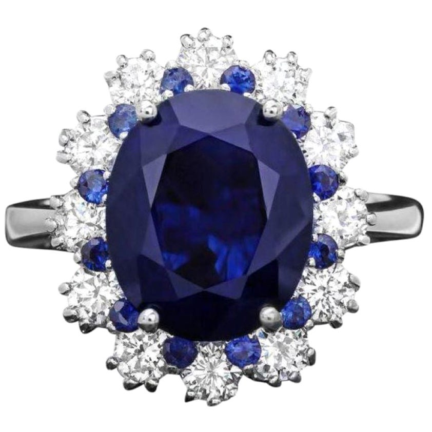 6.80 Carats Natural Blue Sapphire and Diamond 14K Solid White Gold Ring For Sale