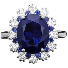 14 Karat massiver Weißgold Ring mit 6,80 Karat natürlichem blauen Saphir und Diamant