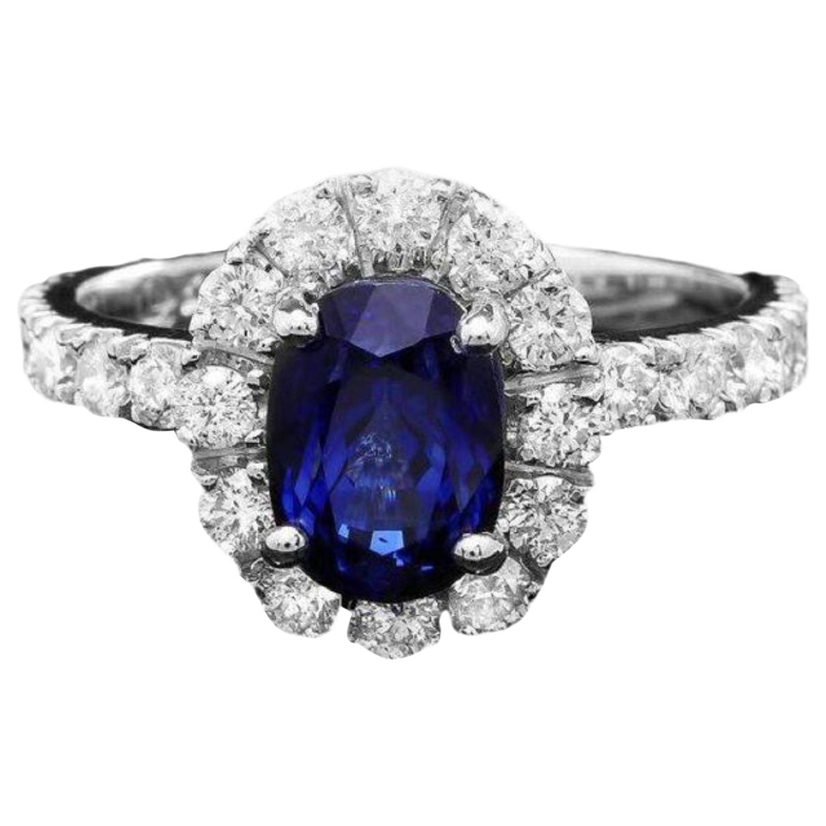 3.20 Carats Natural Blue Sapphire and Diamond 14K Solid White Gold Ring For Sale