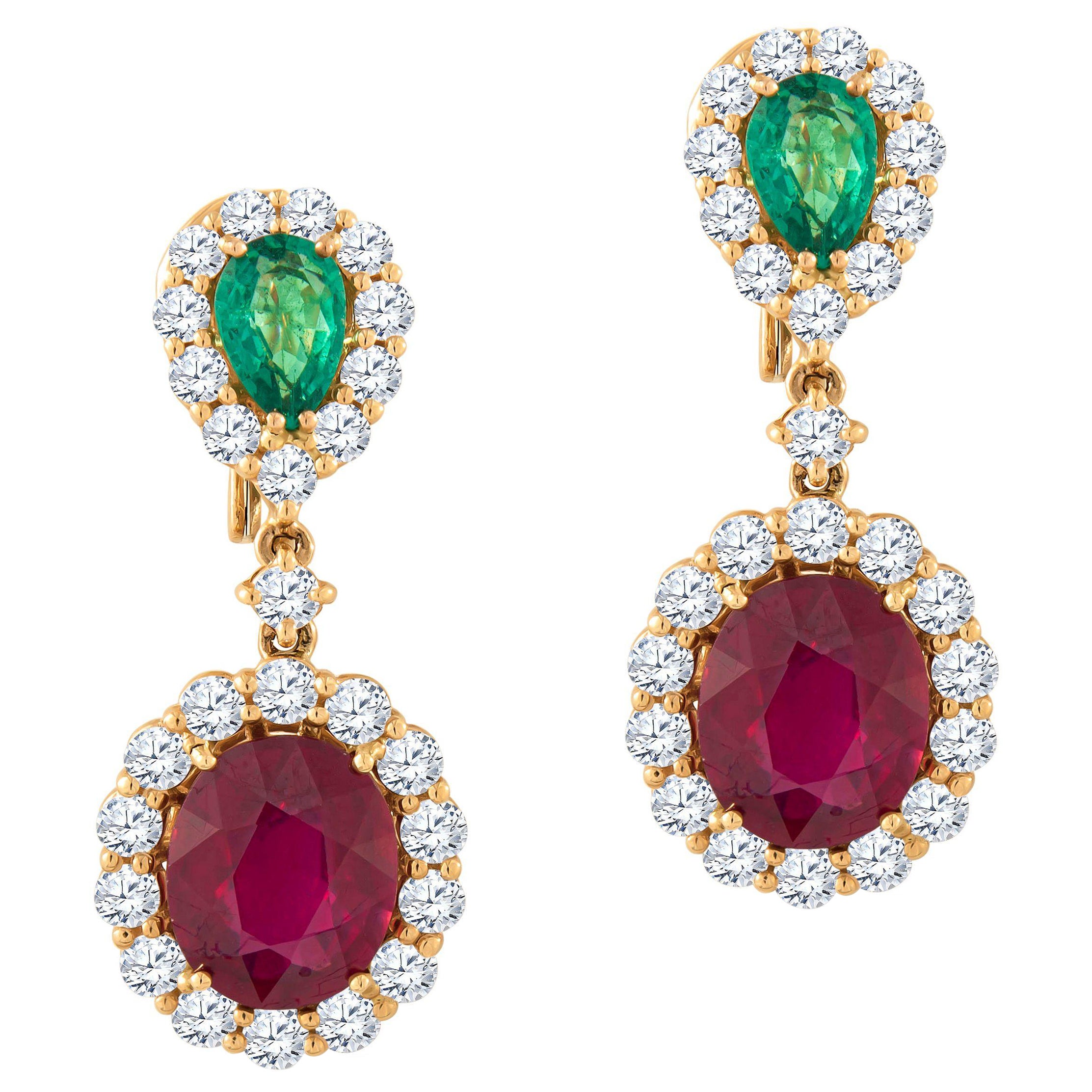 Emerald and Ruby Drop Earrings in 18KT Rose Gold For Sale