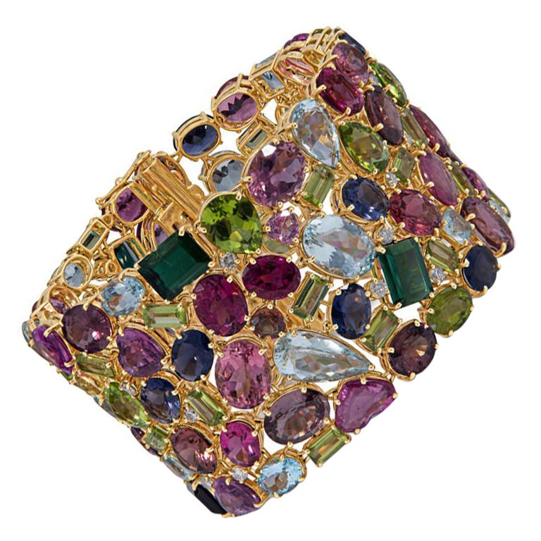 168.9 Carat Multi Colored Tourmaline and Diamond Bracelet in 18KT Yellow Gold For Sale