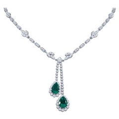 4.76 Carat Pear Shaped Emerald and Diamond Drop Necklace in 18KT White Gold