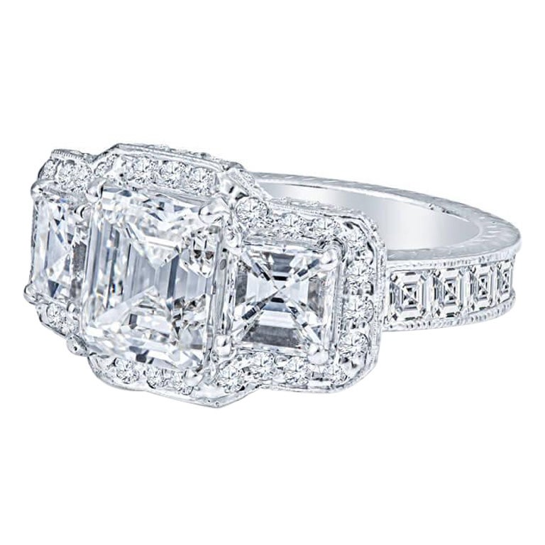 2.4 Carat Asscher Cut 3 Stone Diamond Engagement Ring For Sale