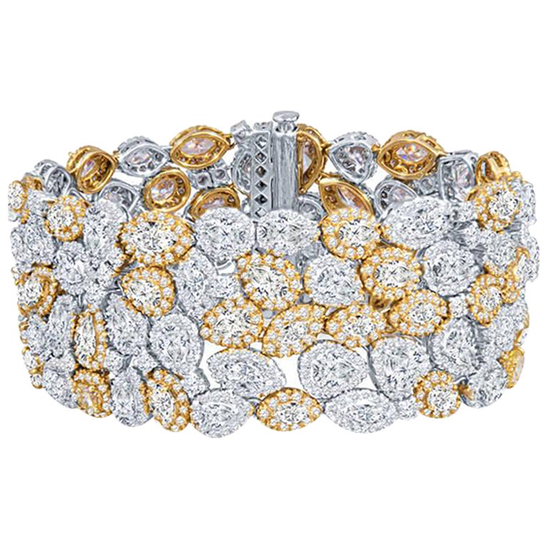 37.32 Carat Multi Shaped Diamond Bracelet in White and Yellow Gold For Sale