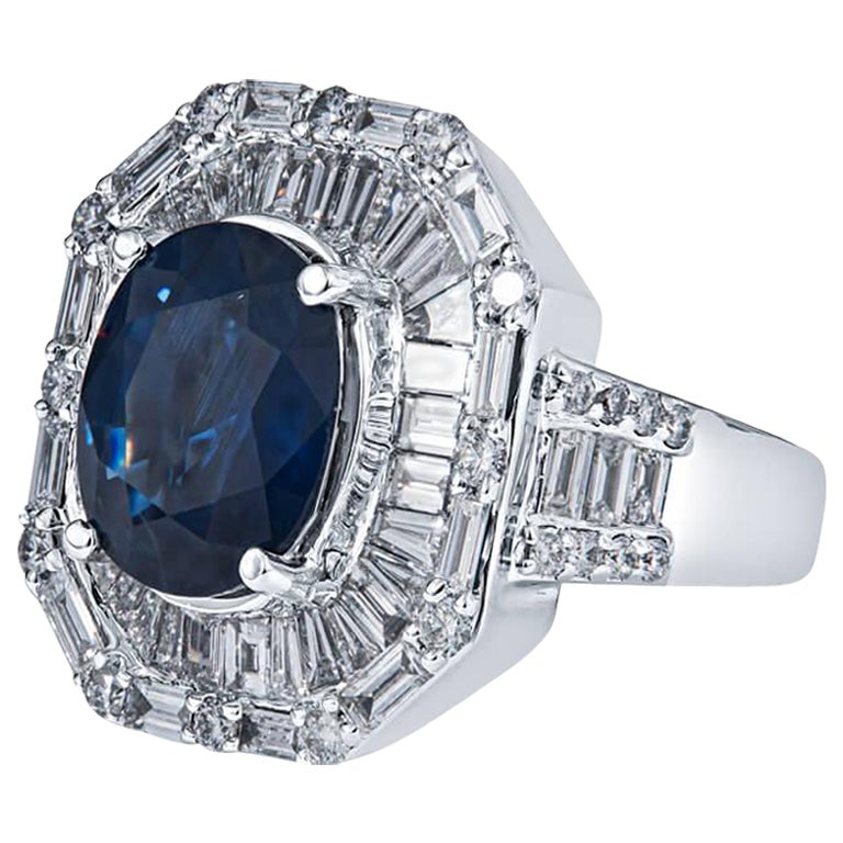 5.0 Carat Sapphire & Diamond Art Deco Ring in 18KT White Gold For Sale