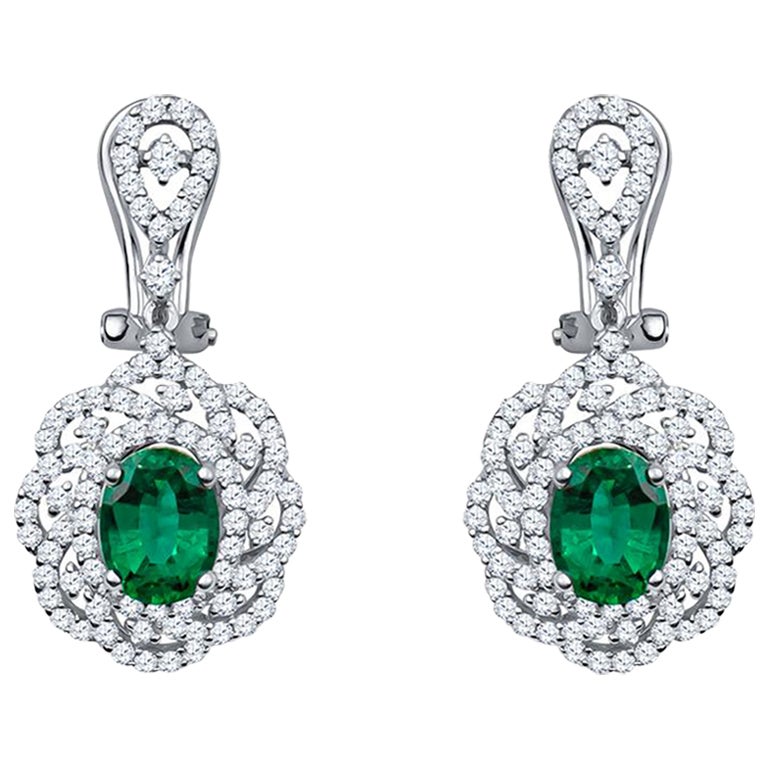 2.52 Carat Emerald and Diamond Drop Earrings in 18KT White Gold For Sale