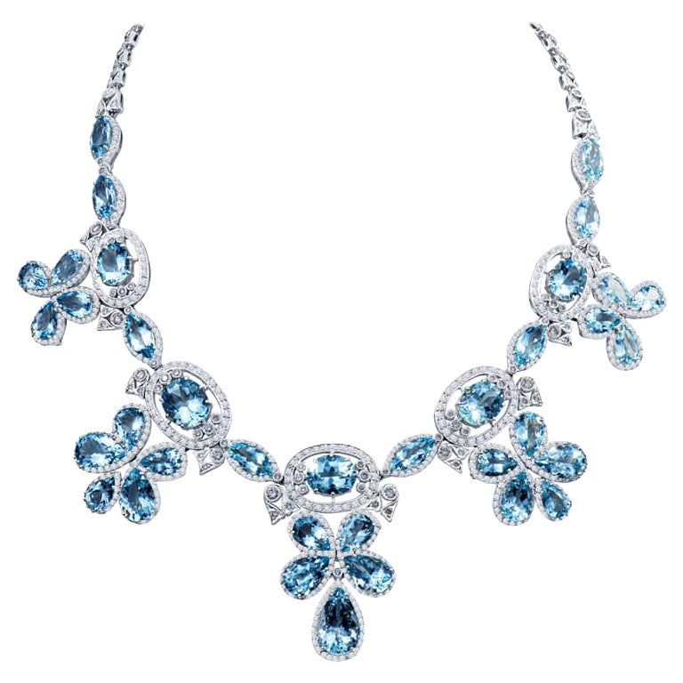 51.34 Carat Aquamarine and Diamond Drop Necklace in 18KT White Gold For Sale
