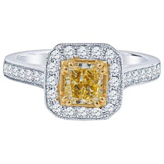 Cushion Cut Fancy Yellow and Diamond Engagement Ring in 18KT White Gold