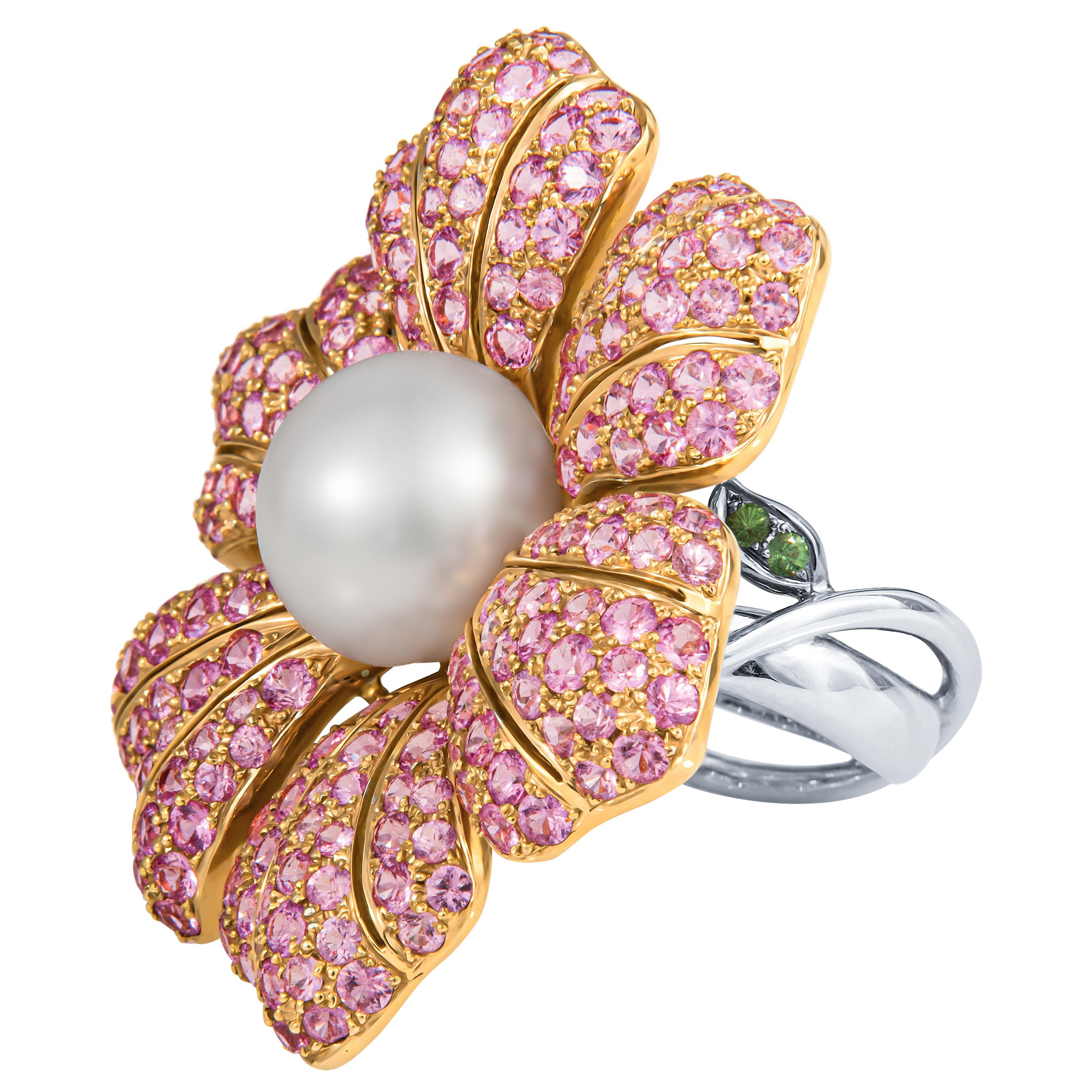 3.0 Carat Pink Sapphire and Pearl Flower Ring For Sale